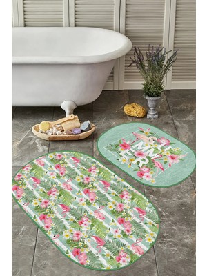 Rem Home Remhome Summer Temalı Flamingo Tasarımlı 2'li Oval Kaymaz Tabanlı Banyo & Mutfak Paspas Takımı Takım Banyo Paspası