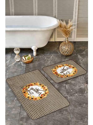 Rem Home Remhome Kahve Ekose Motifli Kabak Temalı 2'li Banyo Paspas Takımı & Klozet Paspas Seti Takım Banyo Paspası