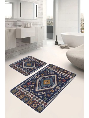 Rem Home Remhome 2'li Lacivert Zeminde Iran Motifli Kilim Desenli Avangarde Vintage 2'li Banyo & Mutfak Paspas Takımı Takım Banyo Paspası