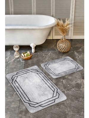Rem Home Remhome 2'li Set Gri - Siyah Zeminde Çerçeveli Motifli Antik Avangarde Geometrik 2'li Banyo Paspas Takımı Takım Banyo Paspası