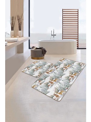 Rem Home Remhome Kış Temalı Geyik Bağ Evi Tasarımlı Dijital Baskılı 2'li Kaymaz Tabanlı Banyo & Mutfak Paspas Takımı Takım Banyo Paspası