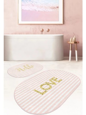 Rem Home Remhome Pembe Çizgili Gold Detaylı Love Motifli 2'li Oval Kaymaz Tabanlı Banyo & Mutfak Paspas Takımı Takım Banyo Paspası