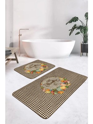 Rem Home Remhome Kabak Temalı Kahve Ekose Tasarımlı 2'li Mutfak Paspas Takımı & Banyo Halısı Seti Takım Banyo Paspası