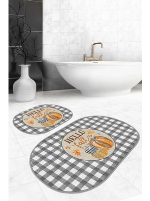 Rem Home Remhome Gri Ekose Motifli Kabak Tasarımlı 2'li Oval Banyo Halısı Seti & Klozet Paspas Takımı Takım Banyo Paspası