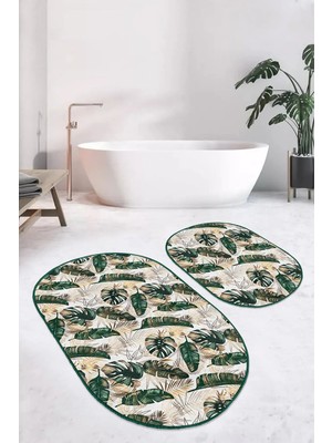 Rem Home Remhome Tropik Yaprak Gold Detaylı 2'li Oval Kaymaz Tabanlı Banyo Halısı Seti & Mutfak Paspas Takımı Takım Banyo Paspası