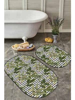 Rem Home Remhome Siyah Beyaz Çizgili Tropik Yaprak Motifli 2'li Oval Mutfak Paspas Takımı & Banyo Paspas Seti Takım Banyo Paspası