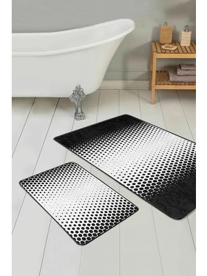 Rem Home Remhome Siyah Beyaz Akustik Gradyan Geçişli 2'li Kaymaz Tabanlı Banyo & Mutfak Paspas Takımı Takım Banyo Paspası