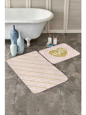 Rem Home Remhome Pembe Gold Çizgili Dijital Baskılı 2'li Kaymaz Tabanlı Banyo & Mutfak Paspas Takımı Takım Banyo Paspası