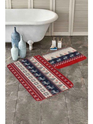 Rem Home Remhome Kanaviçe Tasarımlı Yılbaşı Temalı Dijital Baskılı 2'li Kaymaz Tabanlı Banyo & Mutfak Paspas Takımı Takım Banyo Paspası
