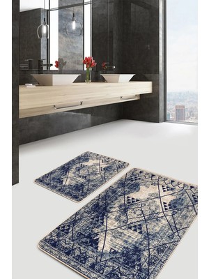 Rem Home Remhome Lacivert - Krem Zeminde Antik Motifli Geleneksel Etnik Motifler Geometrik 2'li Banyo Paspas Takımı Takım Banyo Paspası