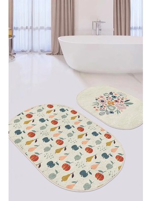 Rem Home Remhome Renkli Meyveler Özel Tasarım Çiçek Motifli 2'li Oval Kaymaz Tabanlı Banyo & Mutfak Paspas Takımı Takım Banyo Paspası