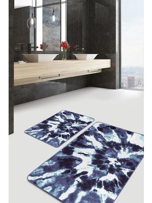 Rem Home Remhome 2'li Set Lacivert Zeminde Kanvas Motifli Fırça Darbeleri Modern Klasik 2'li Banyo Paspas Takımı Takım Banyo Paspası