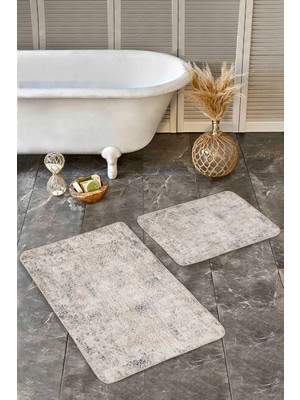 Rem Home Remhome Krem - Ekru Zeminde Kilim Motifli Antik Eskitme Motifli Avangarde 2'li Banyo & Mutfak Paspas Takımı Takım Banyo Paspası