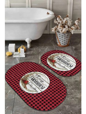 Rem Home Remhome Kırmızı Siyah Ekose Christmas Temalı 2'li Oval Mutfak Paspas Takımı & Banyo Halısı Seti Takım Banyo Paspası