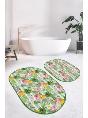 Rem Home Remhome Yeşil Çizgili Ananas Flamingo Tasarımlı 2'li Oval Kaymaz Tabanlı Banyo & Mutfak Paspas Takımı Takım Banyo Paspası