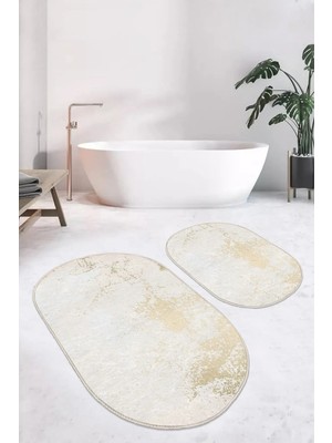 Rem Home Remhome Gold Detaylı Renkli Mermer Motifli Dijital Baskılı 2'li Oval Kaymaz Taban Banyo & Mutfak Paspas Seti Takım Banyo Paspası
