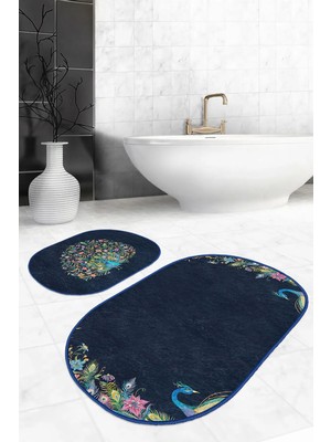 Rem Home Remhome Lacivert Zemin Tropik Çiçekli Tavuskuşu Motifli 2'li Oval Kaymaz Tabanlı Banyo Mutfak Paspas Seti Takım Banyo Paspası