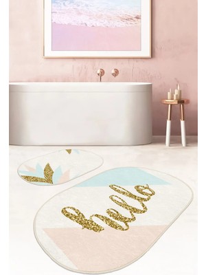 Rem Home Remhome Soft Renkli Gold Detaylı Hello Temalı 2'li Oval Kaymaz Tabanlı Banyo & Mutfak Paspas Takımı Takım Banyo Paspası