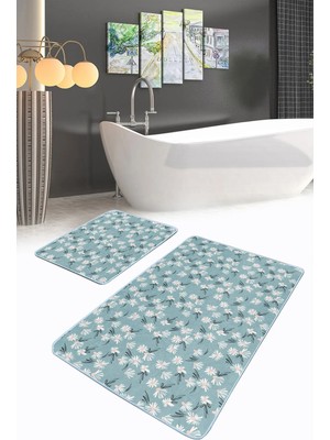 Rem Home Remhome Mavi Zemin Papatya Tasarımlı 2'li Kaymaz Tabanlı Banyo & Mutfak Paspas Takımı Takım Banyo Paspası