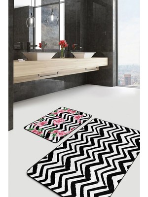 Rem Home Remhome Siyah Zigzag Temalı Flamingo Motifli 2'li Kaymaz Tabanlı Banyo & Mutfak Paspas Takımı Takım Banyo Paspası