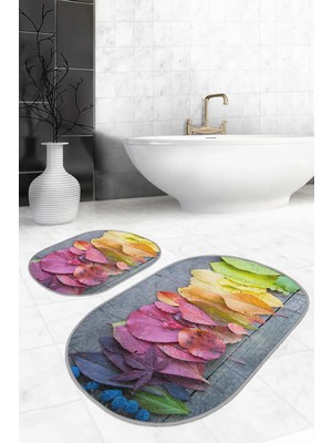 Rem Home Remhome Renkli Yapraklar Dijital Baskılı 2'li Oval Kaymaz Tabanlı Banyo & Mutfak Paspas Takımı Takım Banyo Paspası