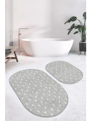 Rem Home Remhome Gri Zemin Geyik Desenli Özel Tasarım 2'li Oval Kaymaz Tabanlı Banyo & Mutfak Paspas Takımı Takım Banyo Paspası