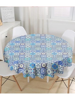 Rem Home Remhome Mavi Çini Desen Motifli Dijital Baskılı Yuvarlak Masa Örtüsü - Çap 140CM 140 x 140 cm