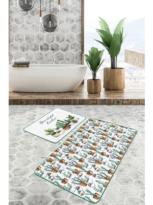 Rem Home Remhome Kaktüs Motifli Dijital Baskılı 2'li Kaymaz Tabanlı Banyo & Mutfak Paspas Takımı Takım Banyo Paspası