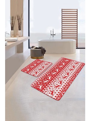 Rem Home Remhome Kırmızı Beyaz Geyikler Dijital Baskılı 2'li Kaymaz Tabanlı Banyo & Mutfak Paspas Takımı Takım Banyo Paspası