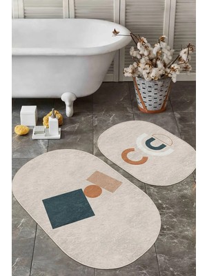 Rem Home Remhome Sanatsal Motifli Dijital Baskılı 2'li Oval Kaymaz Tabanlı Banyo & Mutfak Paspas Takımı Takım Banyo Paspası