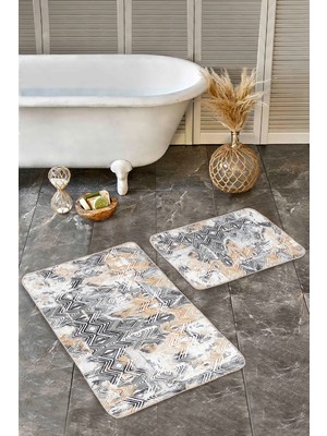 Rem Home Remhome 2'li Set Siyah - Bej Zeminde Geometrik Motifli Eskitme Geometrik Klasik 2'li Banyo Paspas Takımı Takım Banyo Paspası