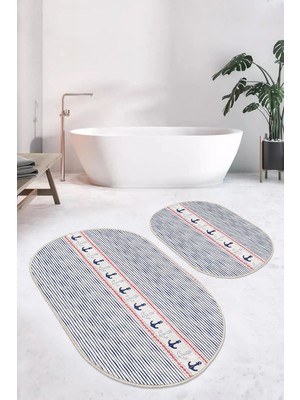Rem Home Remhome Çizgili Zemin Çapa Temalı Dijital Baskılı 2'li Oval Kaymaz Tabanlı Banyo & Mutfak Paspas Takımı Takım Banyo Paspası