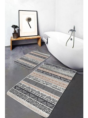 Rem Home Remhome Krem - Gri Zeminde Iskandinav Motifli Kilim Geometrik Etnik Motifler 2'li Banyo Mutfak Paspas Takımı Takım Banyo Paspası