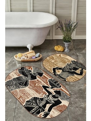 Rem Home Remhome Kahverengi Etnik Afrika Kadın Tasarımlı 2'li Oval Kaymaz Tabanlı Banyo & Mutfak Paspas Takımı Takım Banyo Paspası