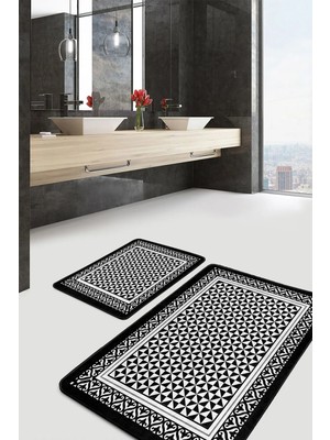 Rem Home Remhome Siyah Beyaz Zeminde Çerçeveli Motifli Geometrik Geometrik Sade Şık 2'li Banyo Mutfak Paspas Takımı Takım Banyo Paspası