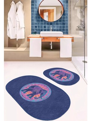 Rem Home Remhome Lacivert Zemin Etnik Fil Motifli 2'li Oval Kaymaz Tabanlı Banyo & Mutfak Paspas Takımı Takım Banyo Paspası
