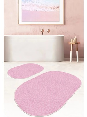 Rem Home Remhome Pembe Temalı Love Tasarımlı Dijital Baskılı 2'li Oval Kaymaz Tabanlı Banyo & Mutfak Paspas Takımı Takım Banyo Paspası