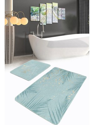 Rem Home Remhome Mint Yeşili Temalı Yaprak Desenli 2'li Kaymaz Tabanlı Banyo & Mutfak Paspas Takımı Takım Banyo Paspası
