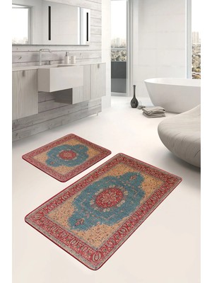 Rem Home Remhome Kırmızı Zeminde Osmanlı Motifli Uşak Desenli Vintage Avangarde 2'li Banyo & Mutfak Paspas Takımı Takım Banyo Paspası