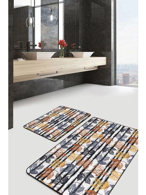 Rem Home Remhome Renkli Tropik Yapraklar Çizgili Özel Tasarım 2'li Kaymaz Tabanlı Banyo & Mutfak Paspas Takımı Takım Banyo Paspası