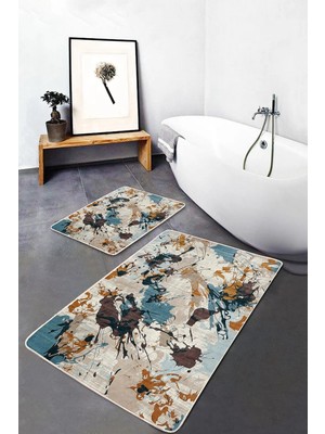 Rem Home Remhome Rengarenk Zeminde Boya Motifli Modern Sanat Desenli Modern Klasik 2'li Banyo & Mutfak Paspas Takımı Takım Banyo Paspası