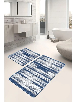 Rem Home Remhome Mavi Beyaz Zeminde Baklava Motifli Eskitme Geometrik Eskitme Motifli 2'li Banyo Mutfak Paspas Takımı Takım Banyo Paspası