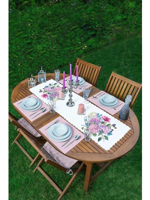 Rem Home Remhome Ortanca Çiçeği Figürlü Özel Tasarım Modern 1 Adet Runner & 4 Adet Toz Pembe Renkli Amerikan Servis