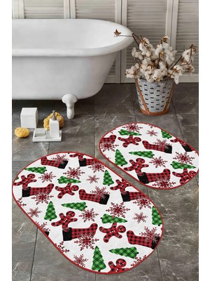 Rem Home Remhome Yılbaşı Ekose Çorap Tasarımlı 2'li Oval Kaymaz Tabanlı Mutfak Paspas Takımı & Banyo Paspas Seti Takım Banyo Paspası