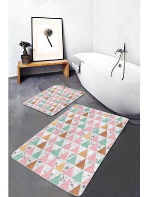 Rem Home Remhome Beyaz Zeminde Üçgen Motifli Mermer Desenli Geometrik Sade & Şık 2'li Banyo & Mutfak Paspas Takımı Takım Banyo Paspası