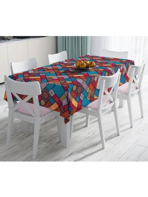 Rem Home Remhome Geometrik Etnik Desenli Özel Tasarım Leke Tutmaz Masa ÖRTÜSÜ-120X140 cm 90 x 90 cm
