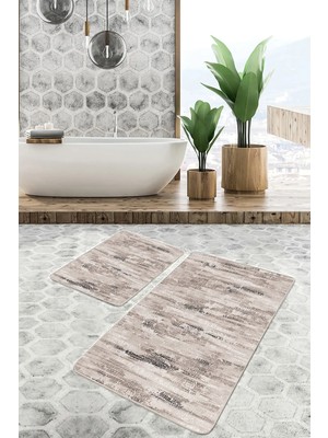 Rem Home Remhome Krem Zeminde Kilim Motifli Örgü Desenli Eskitme Motifli Vintage 2'li Banyo & Mutfak Paspas Takımı Takım Banyo Paspası