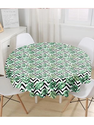 Rem Home Remhome Zigzag Siyah Beyaz Şerit Temalı Yaprak Çizimi Yuvarlak Masa Örtüsü - Çap 140CM 140 x 140 cm