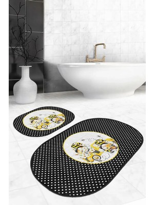 Rem Home Remhome Siyah Puantiyeli Sarı Arabalı 2'li Oval Kaymaz Tabanlı Banyo Paspas Takımı & Mutfak Halısı Seti Takım Banyo Paspası