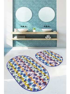 Rem Home Remhome Renkli Çizgiler Mavi Palmiye Ağaçları 2'li Oval Kaymaz Tabanlı Banyo & Mutfak Paspas Takımı Takım Banyo Paspası